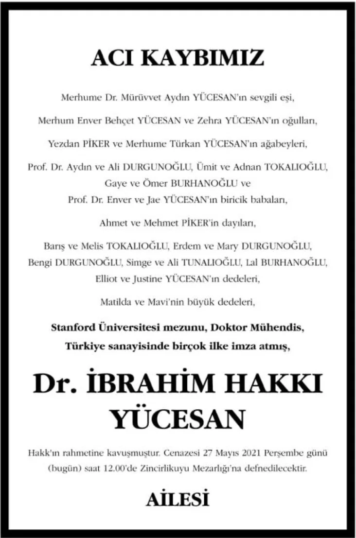 Acı Kaybımız ilanı: Dr. İbrahim Hakkı Yücesan